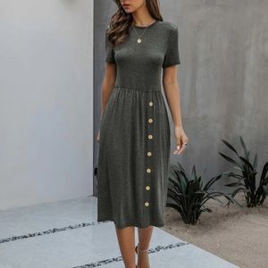 Grey Midi Jersey T-Shirt Dress with Button Detail